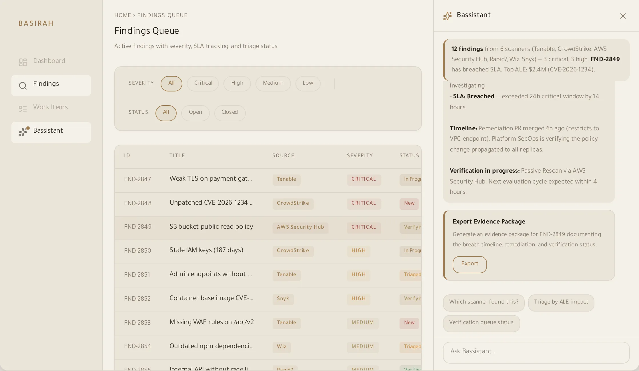 Bassistant proposing remediation priorities with financial context and approval controls